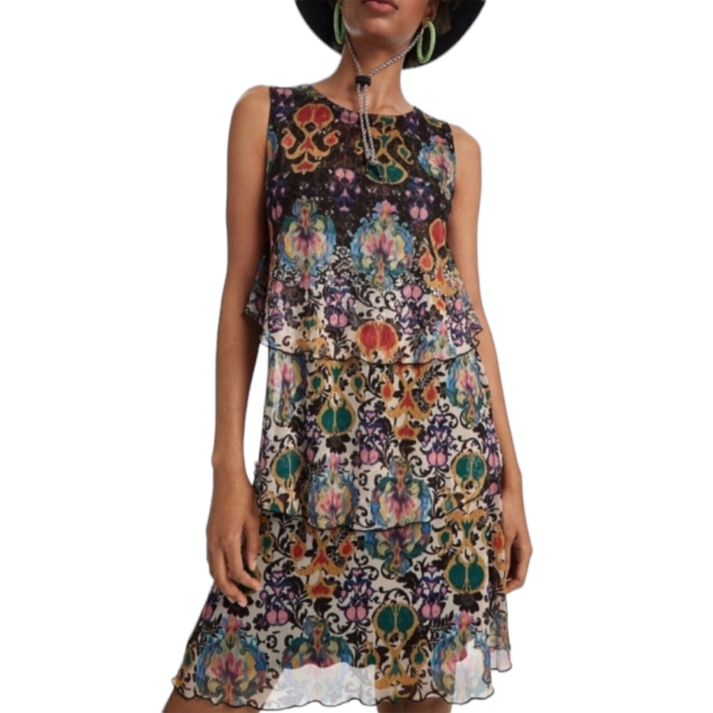 Desigual Women's Florencia Dress Multicolour Graphic Tiered Sleeveless Small
